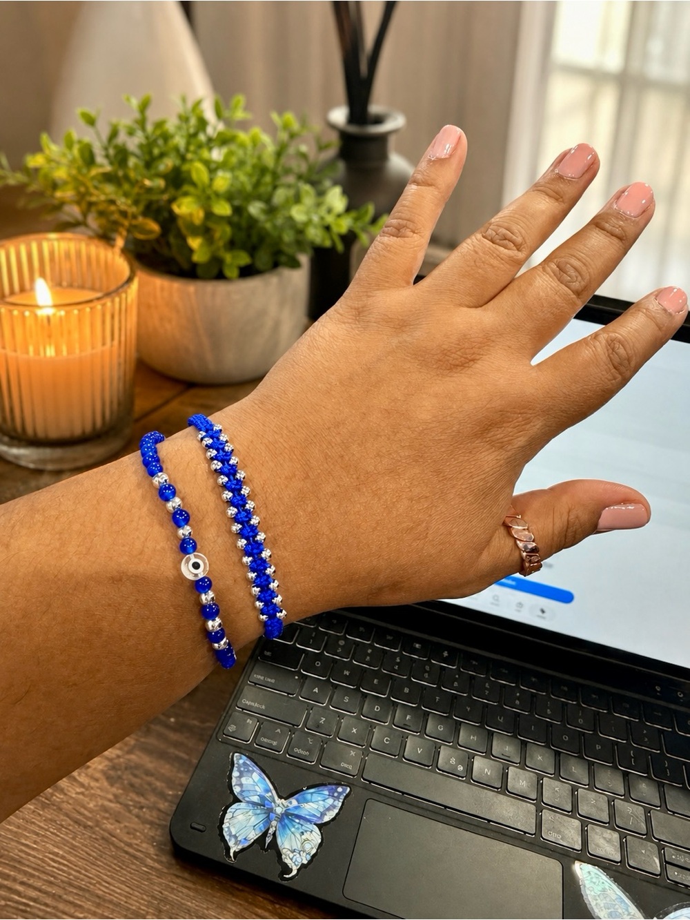 Blue cat eye/ Evil Eye & Stainless Steel Beaded Matching Bracelet Set Unisex